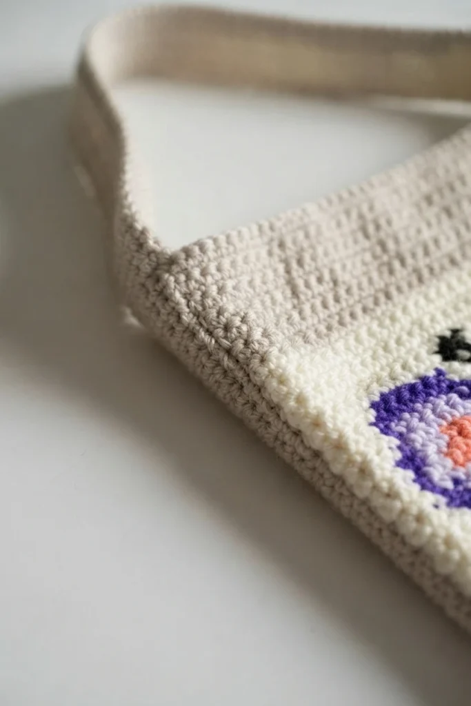 Close-up of the corner of a cream crochet bag where the beige strap is seamed to the body, with part of a purple and peach butterfly motif visible