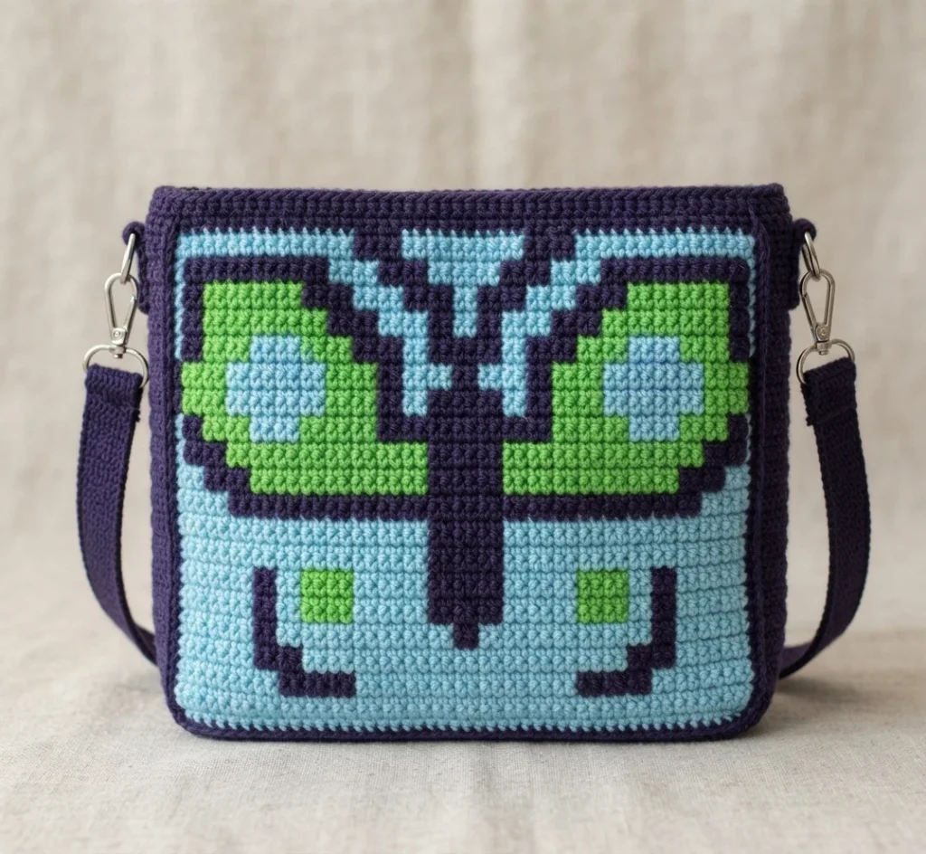 Crochet crossbody bag with a large pixelated green and light blue butterfly motif, dark purple outline and detachable strap
