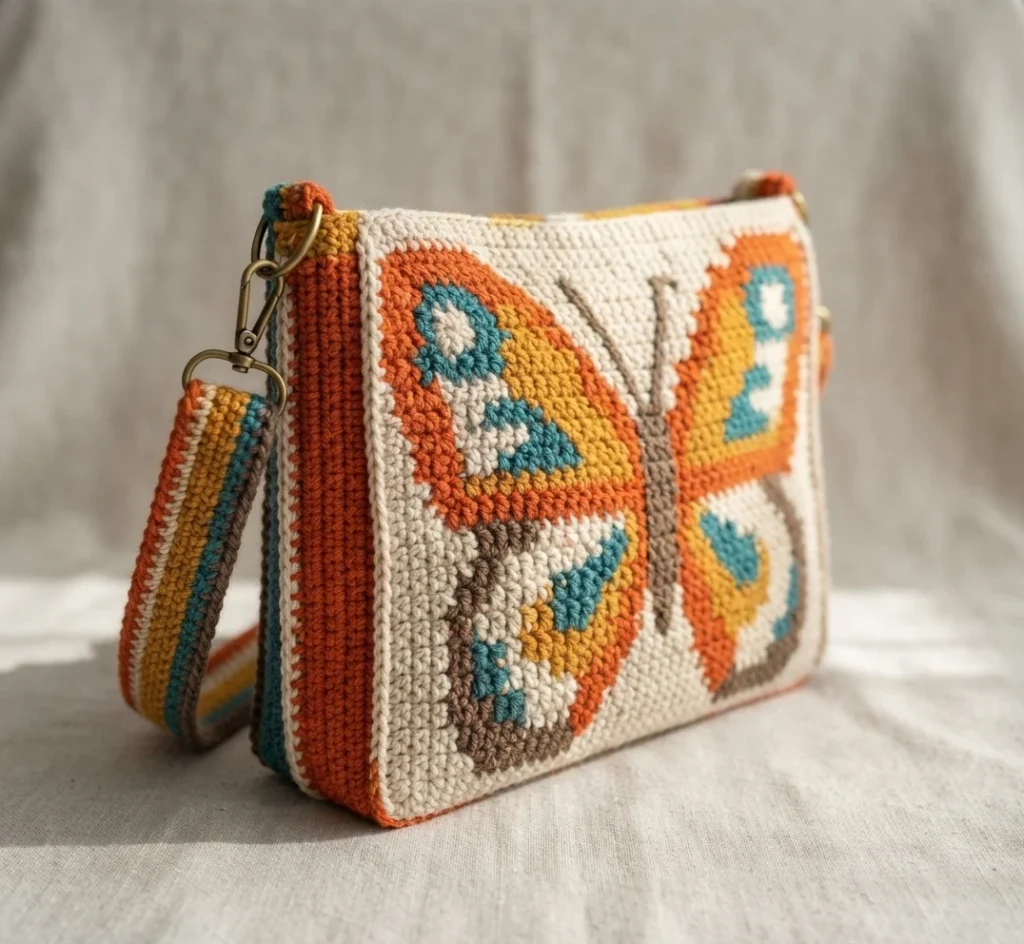 Crochet bag in side view with a large orange, yellow and teal butterfly motif, an orange side gusset and a striped strap with metal clasps