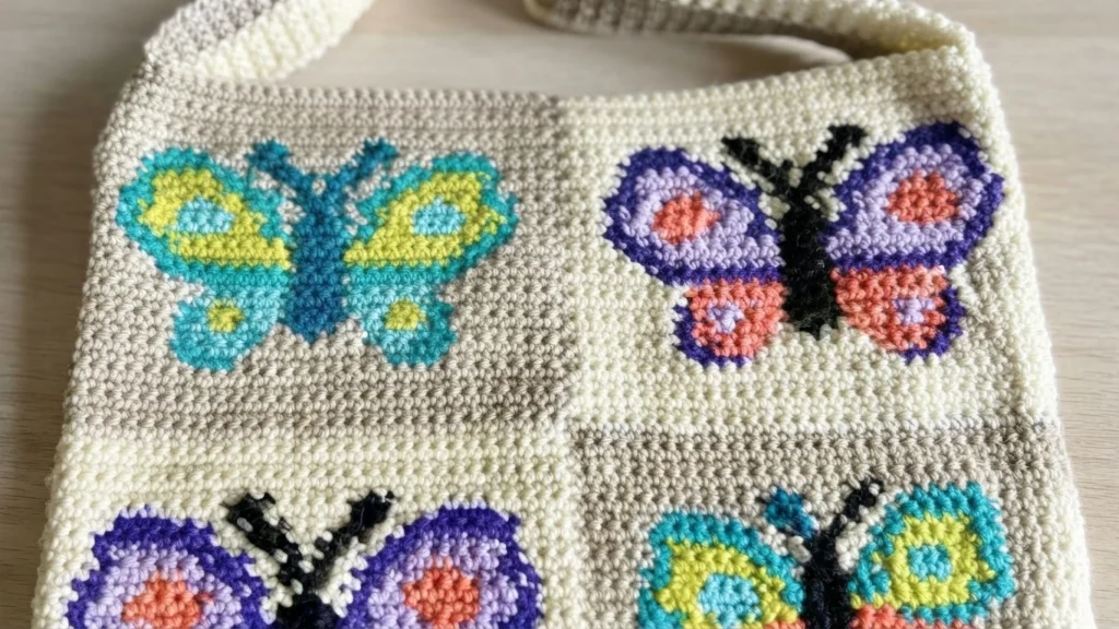 Close-up of a crocheted day bag with butterfly motifs in turquoise and yellow and in purple, pink and orange on cream and beige panels