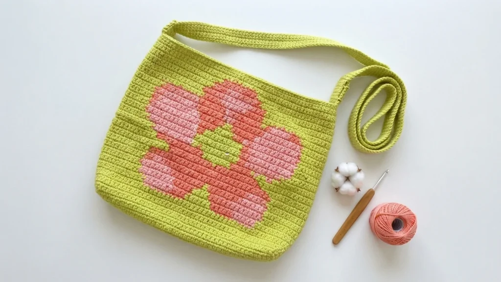 Lime green crochet shoulder bag with a large pink and coral flower motif, next to a crochet hook, cotton and coral yarn