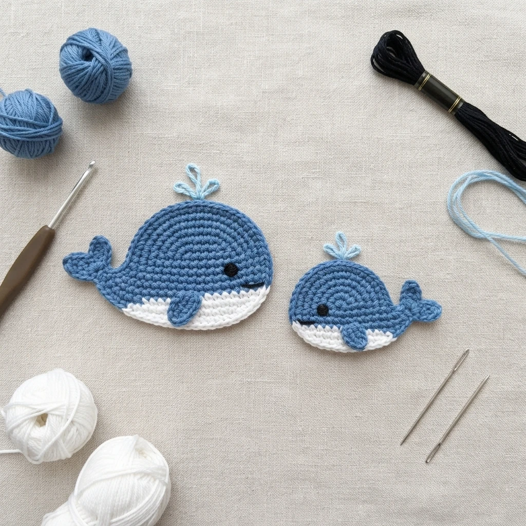 Two crocheted whale appliques with blue bodies, white bellies, black eyes and light blue water spouts, laid flat on beige fabric with balls of blue and white yarn, a crochet hook, embroidery thread and tapestry needles.