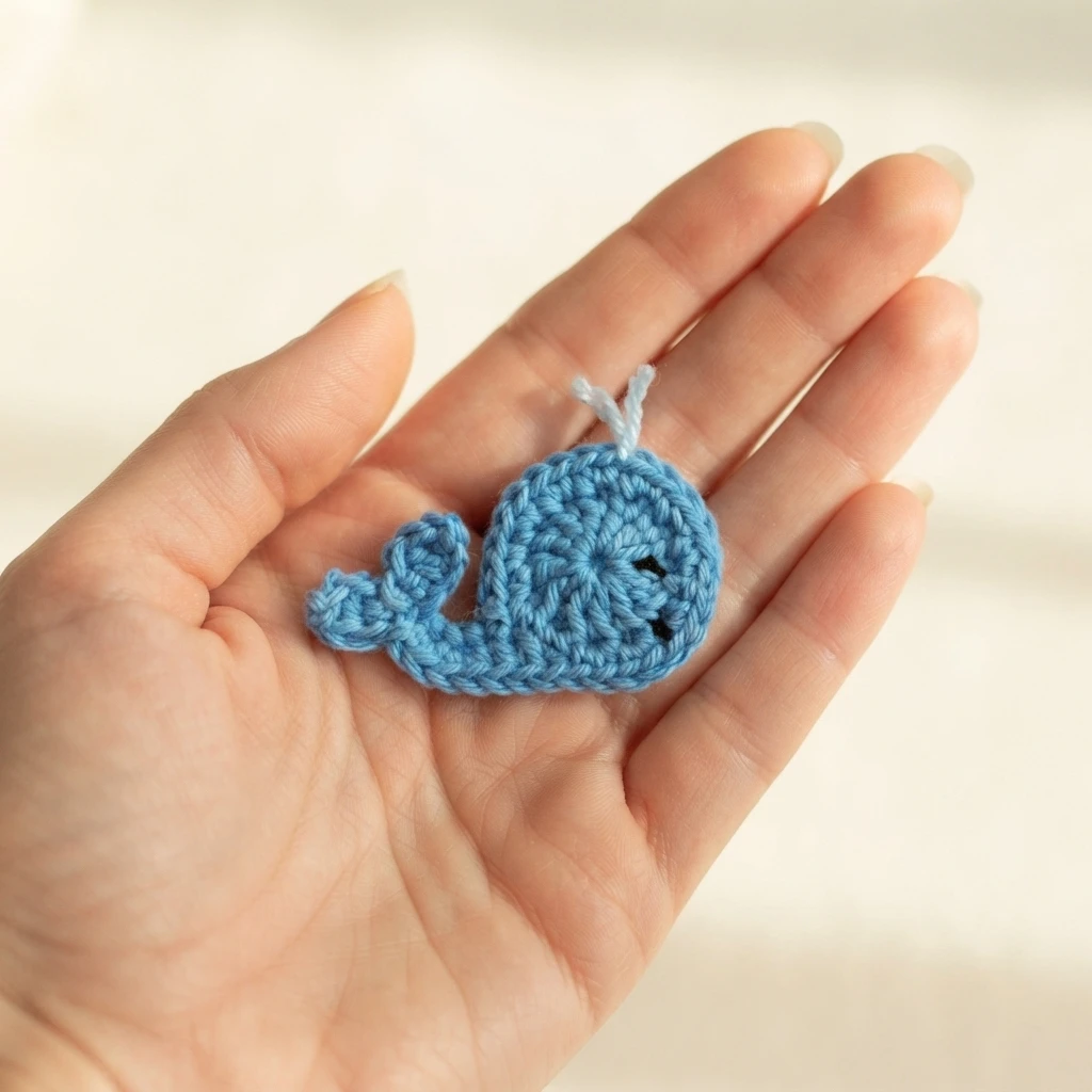 Close-up of an open hand holding a small blue crocheted whale applique with black embroidered eyes and a pale blue yarn spout