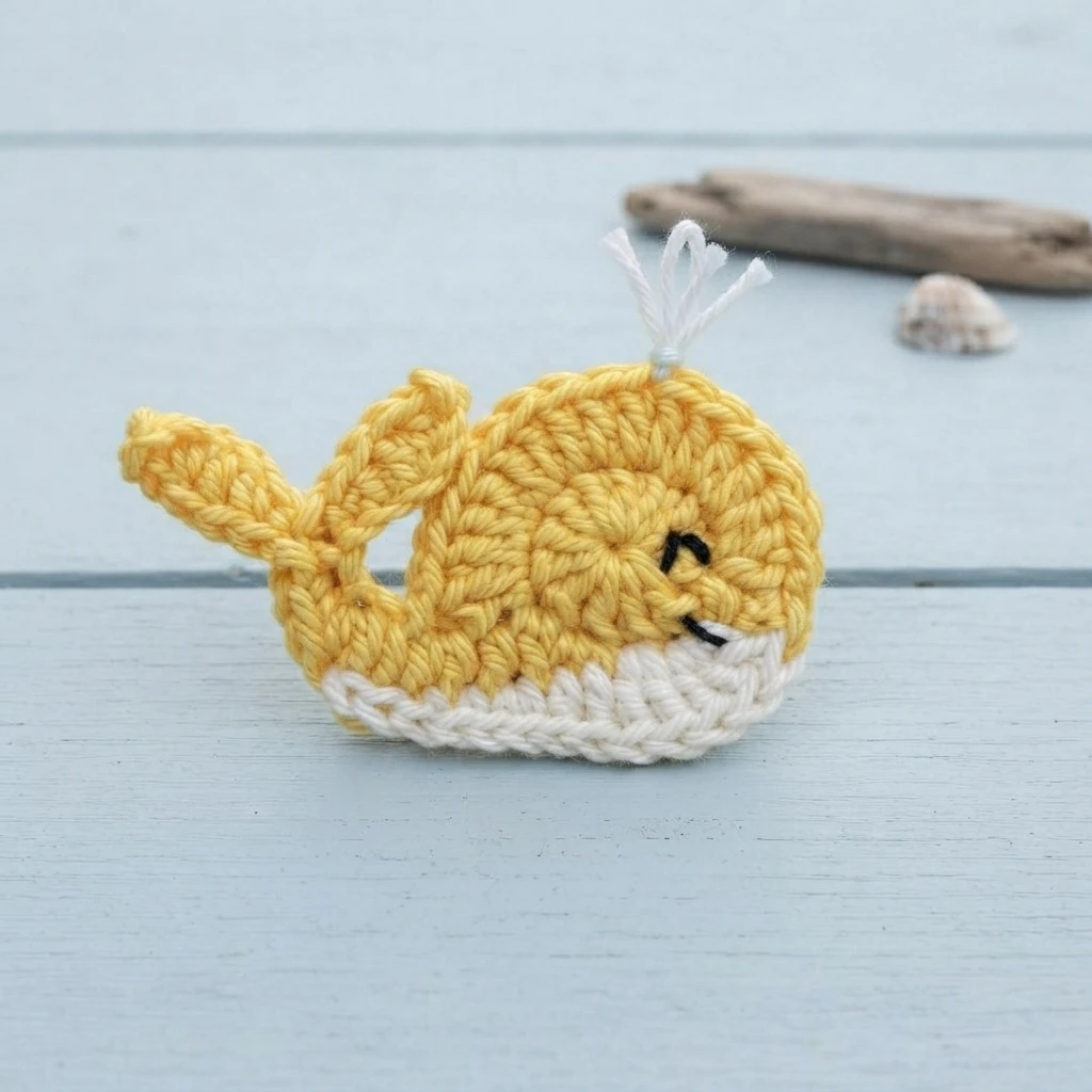 Yellow crocheted whale applique with a white belly, black embroidered eye and smile, and a white yarn water spout, resting on a light wooden surface with driftwood and a seashell behind it.