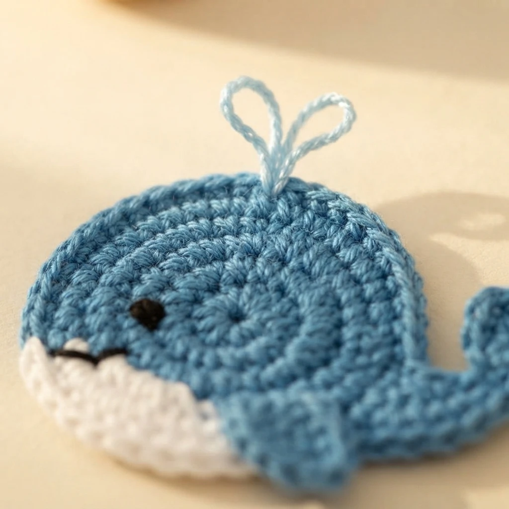 Close-up of a blue crochet whale applique with a white belly, black embroidered eye and smile, and a light blue yarn water splash, on a cream background.