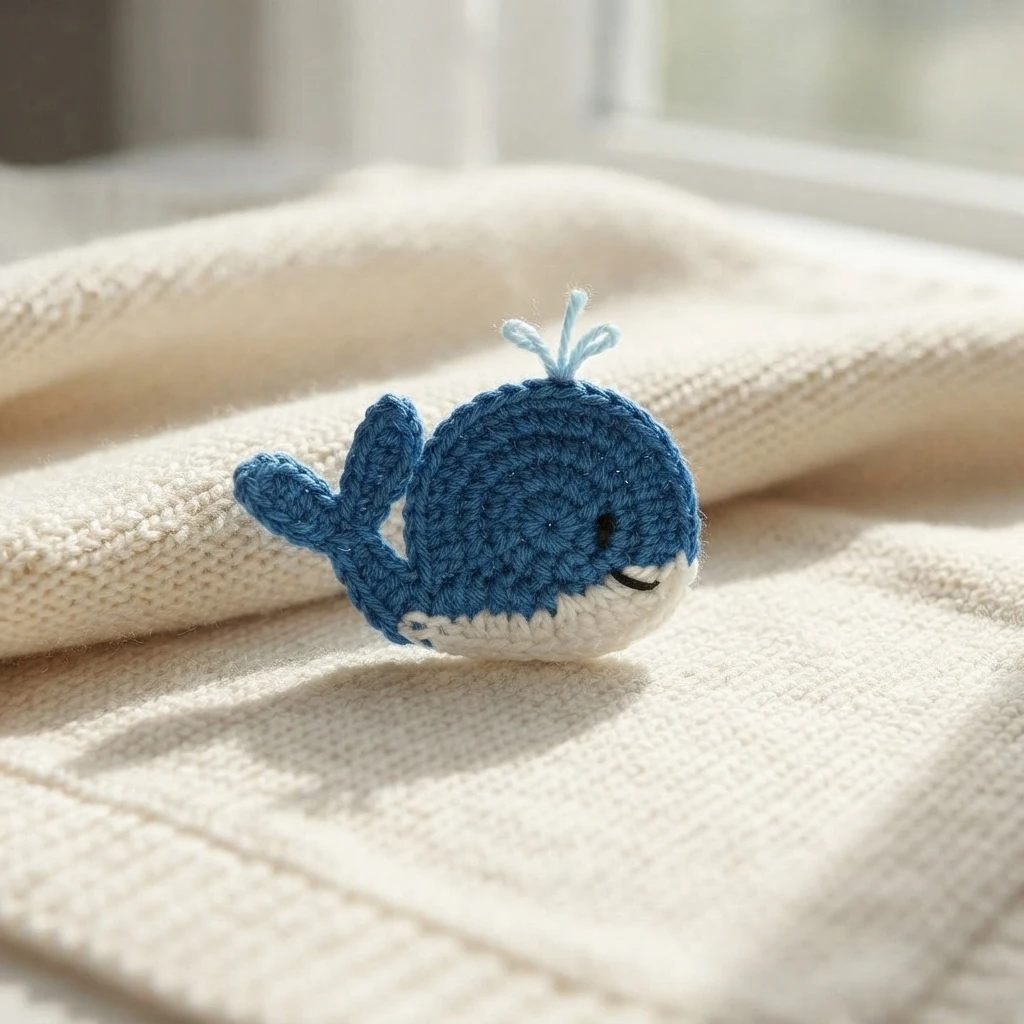 Small crocheted whale applique in blue with white belly, black embroidered eye and smile, light blue yarn water splash on top, resting on soft cream knit fabric in natural light.