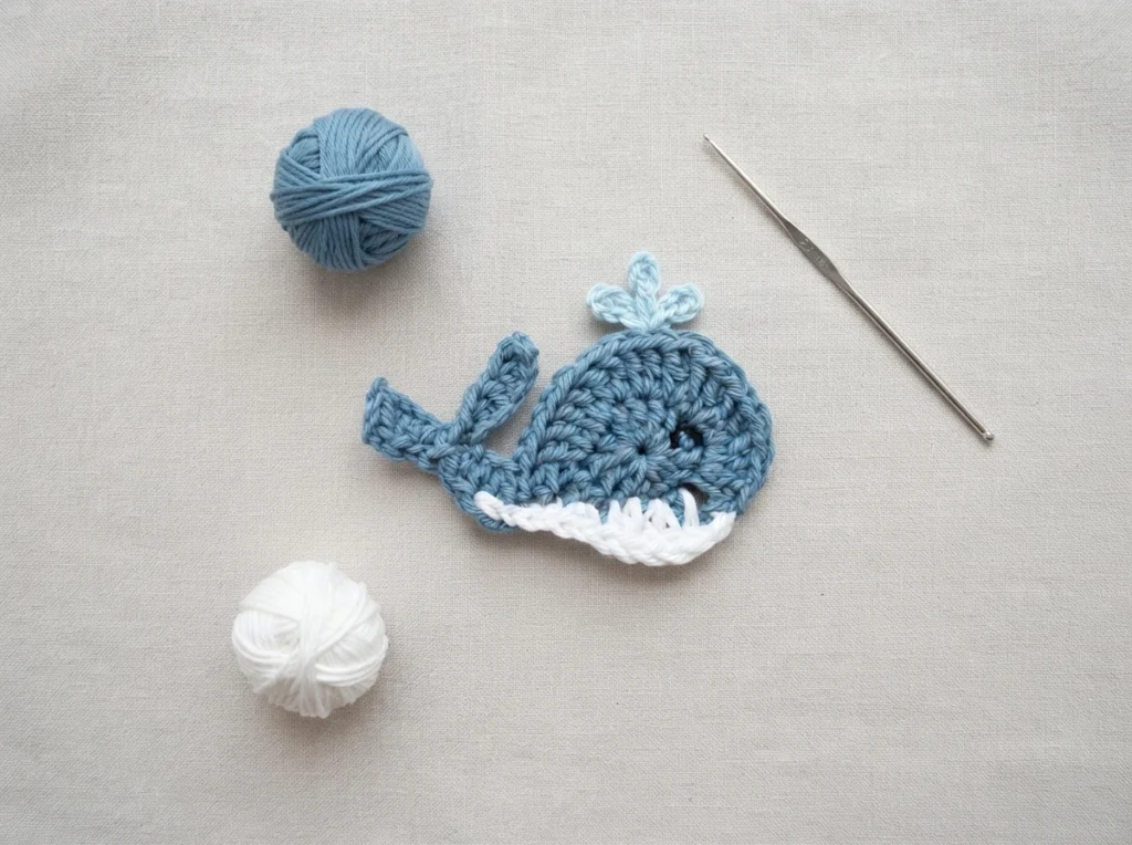 Crocheted blue whale applique with white belly and small blue water spout, displayed on beige fabric with a blue yarn ball, a white yarn ball and a crochet hook.