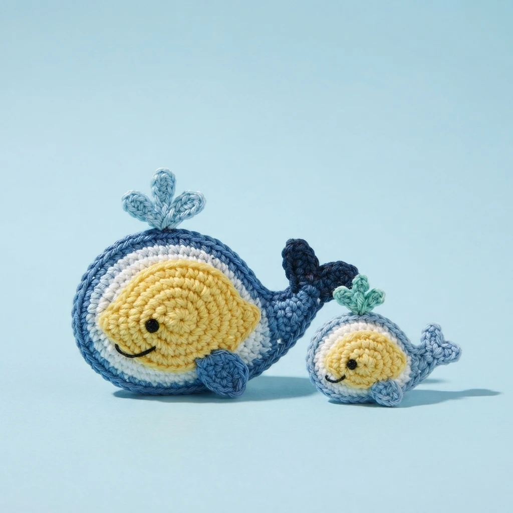Two finished crochet whale appliques, one large and one small, blue with a yellow belly panel, embroidered smile and eye, and a looped water splash on top