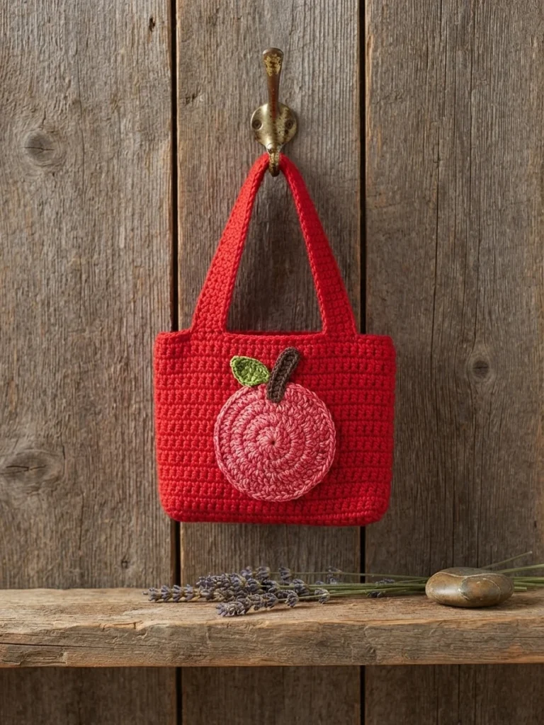 Red crocheted bag with a pink apple motif hanging from a wall hook against a wooden wall.
