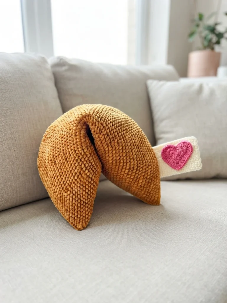 Large golden yellow crochet fortune cookie pillow on a beige sofa, with a white fortune slip and pink heart sticking out on the right
