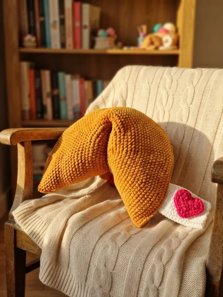 Giant golden crochet fortune cookie pillow with a white fortune slip and pink heart on a cream blanket draped chair