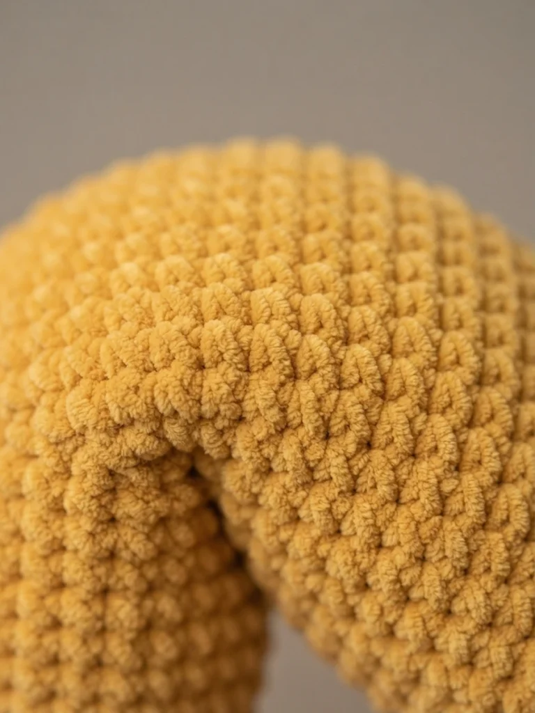 Close-up of golden yellow chenille crochet stitches on the folded surface of a fortune cookie pillow against a plain neutral background