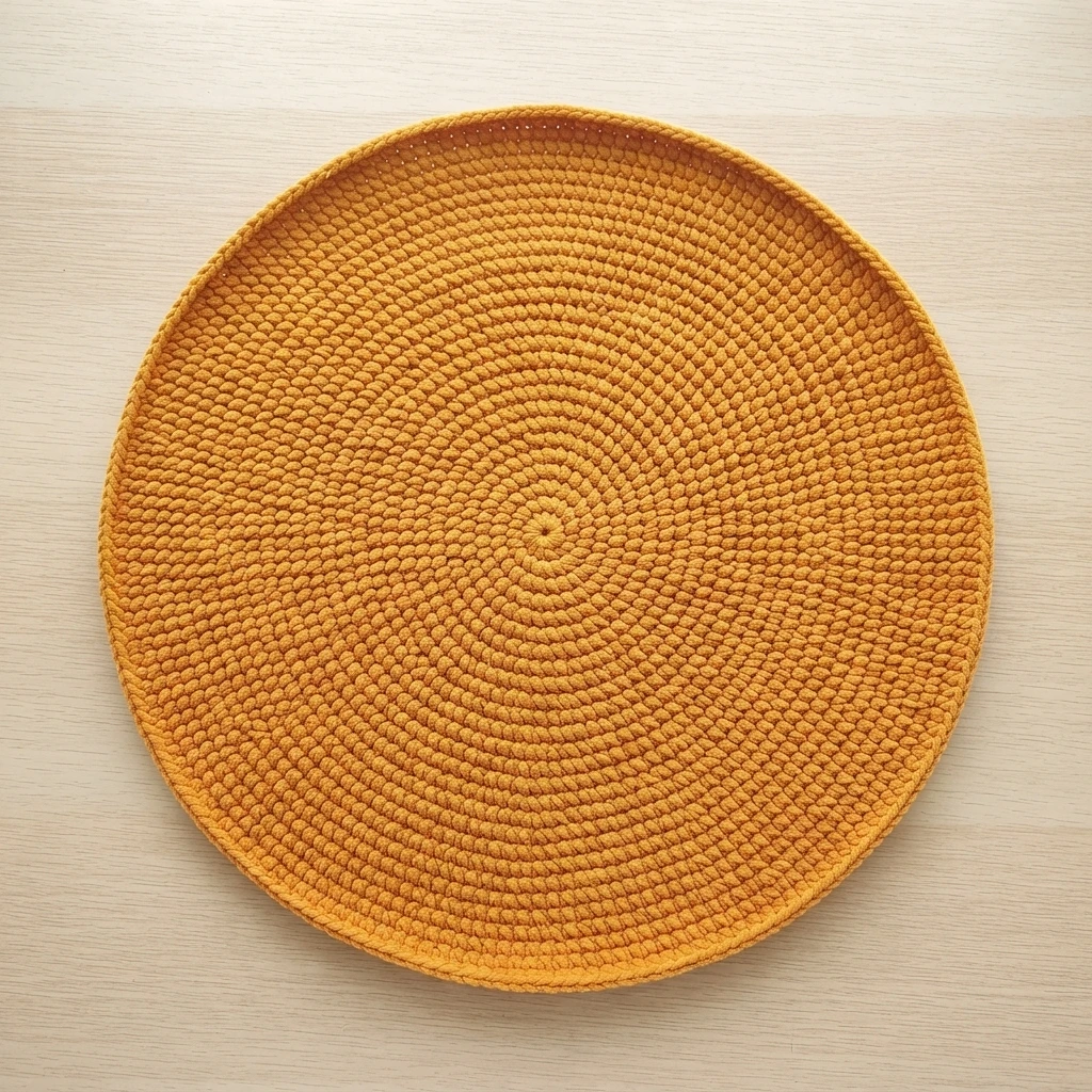 Flat golden yellow crochet circle worked in concentric rounds on a light wood surface, viewed from above