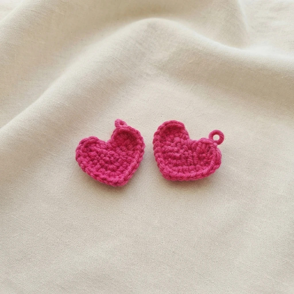 Two small bright pink crochet hearts side by side on a cream fabric background