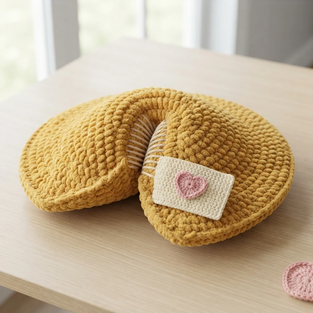 Mustard yellow crochet fortune cookie pillow on a light wood table, with pale mattress stitches in the central fold and a white fortune slip with a small pink heart