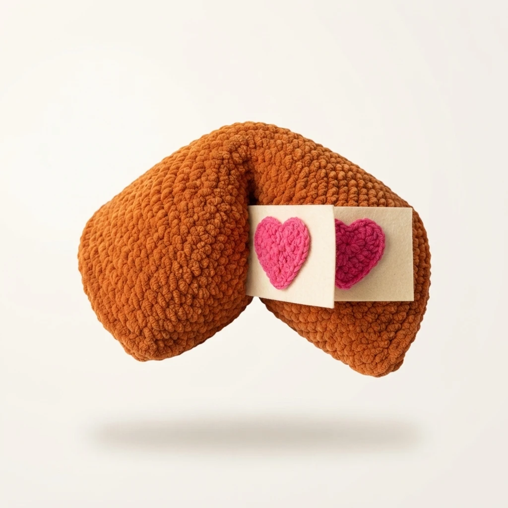 Orange crochet fortune cookie pillow with a cream paper strip and two pink crochet hearts