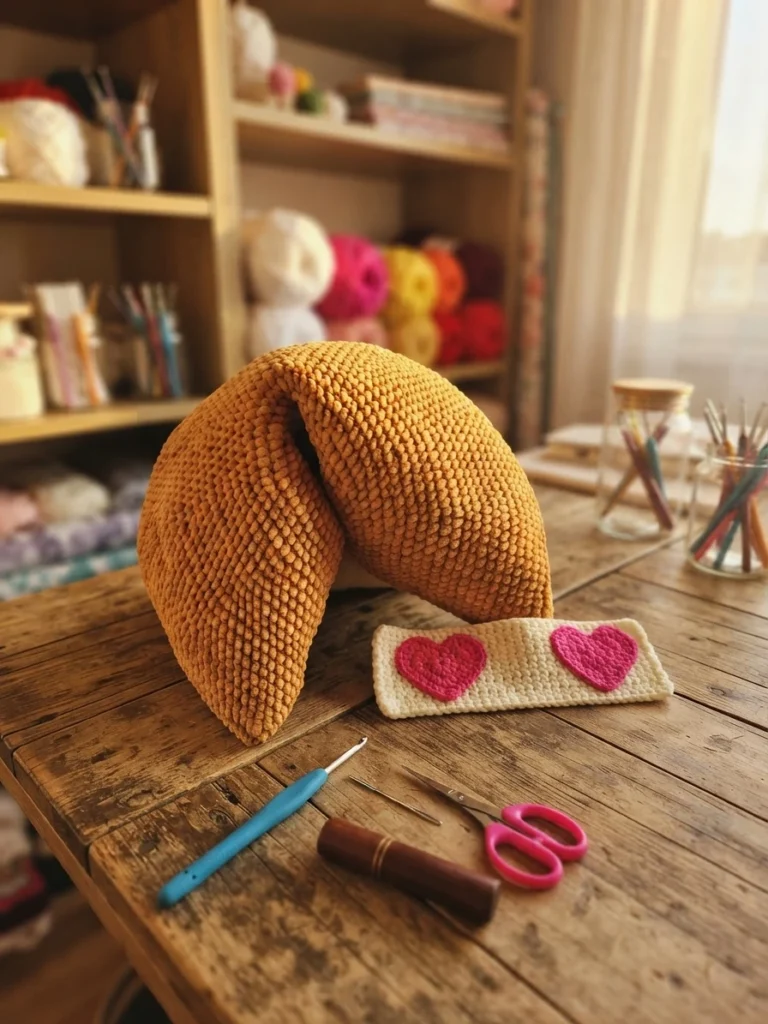 A golden yellow crochet fortune cookie pillow on a wooden table beside a cream fortune strip with two pink hearts, a blue crochet hook and pink scissors