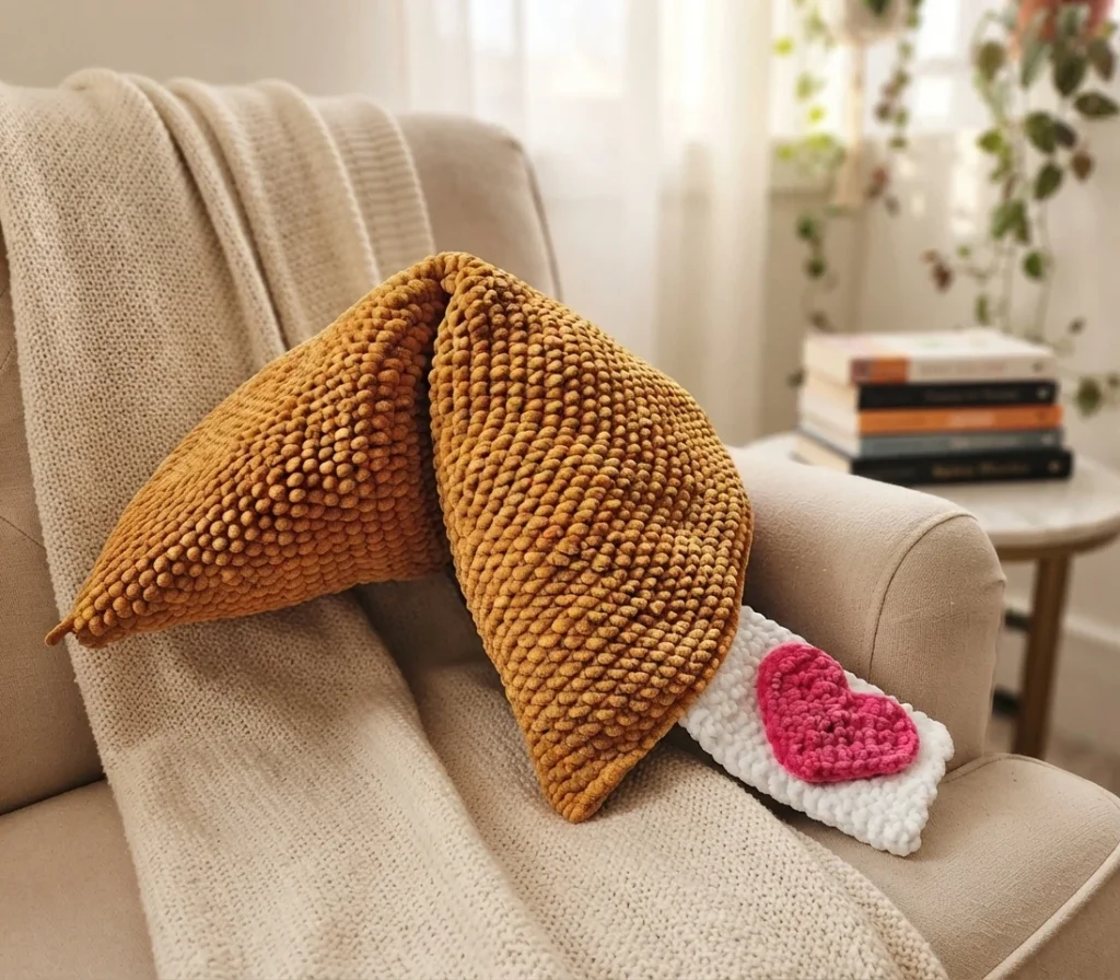 Giant golden crochet fortune cookie pillow on a beige armchair, with a white fortune slip decorated with a pink heart