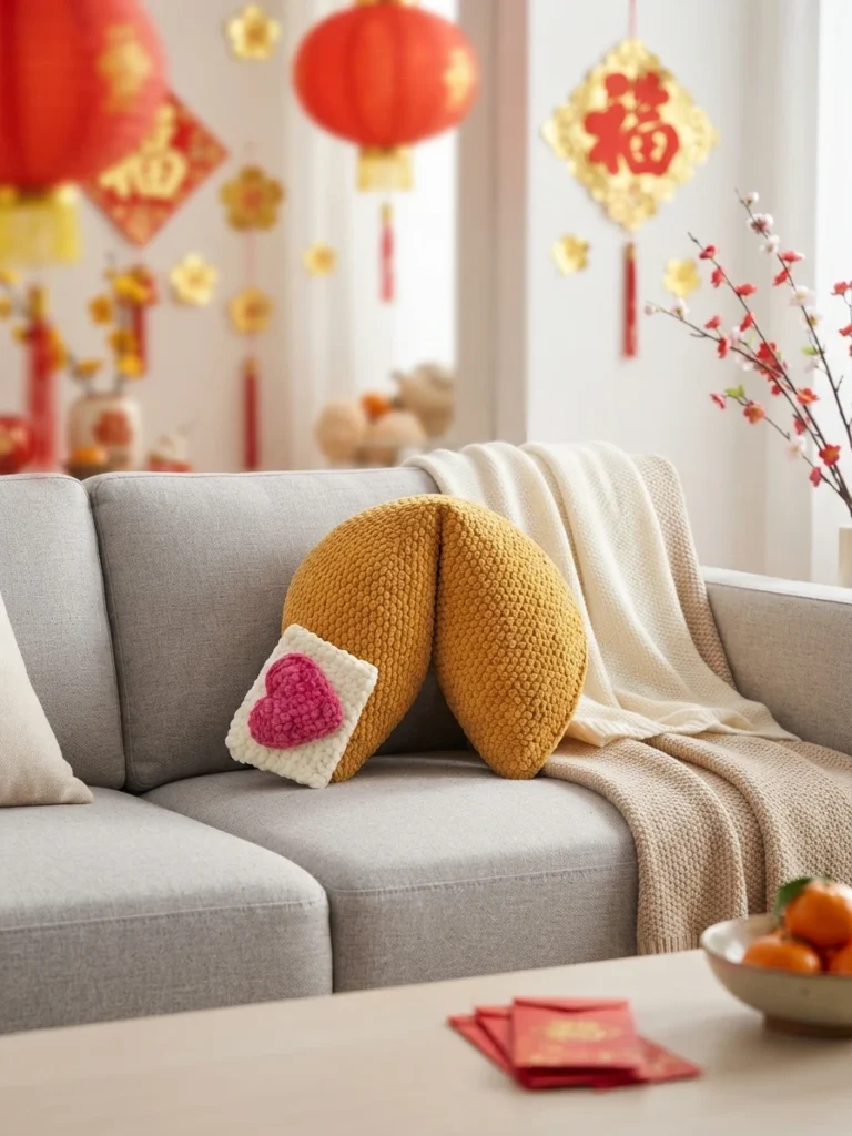 Giant golden crochet fortune cookie pillow with a white fortune slip and pink heart on a grey sofa in a Lunar New Year decorated living room