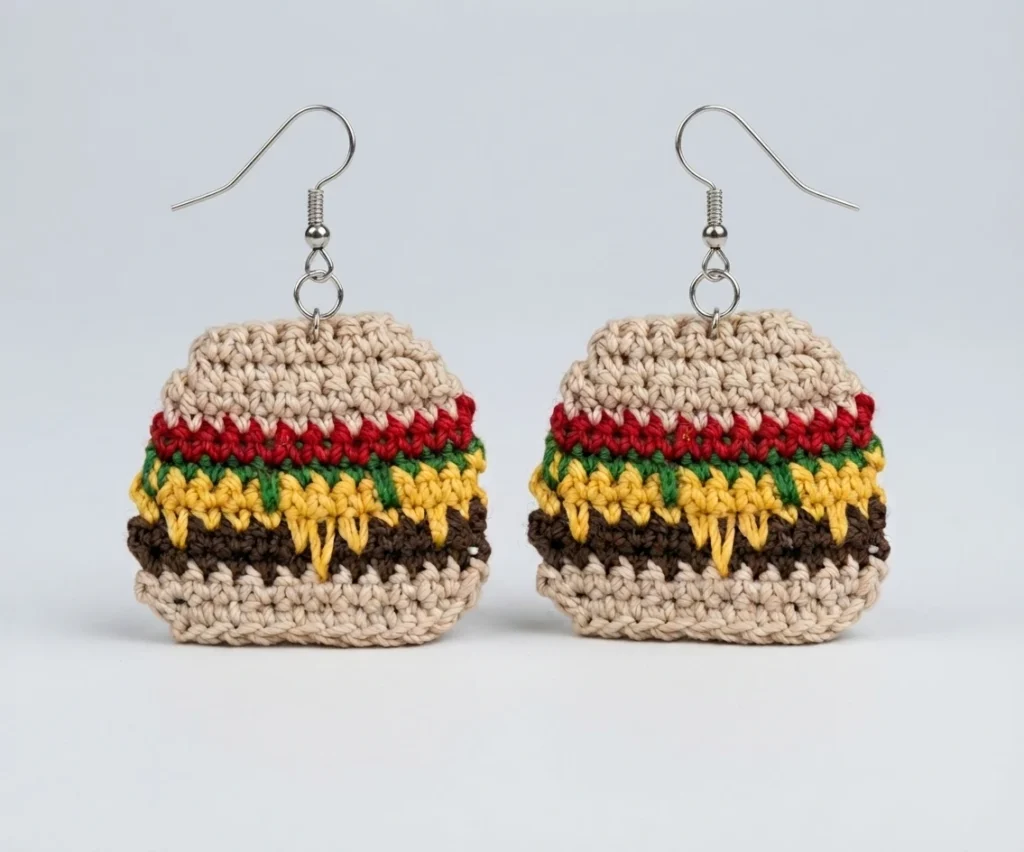 Pair of crocheted mini burger earrings on fishhook ear wires, layered tan bun, red tomato, green lettuce, yellow cheese with spike stitches dripping into a brown patty band, photographed on a plain light gray background.