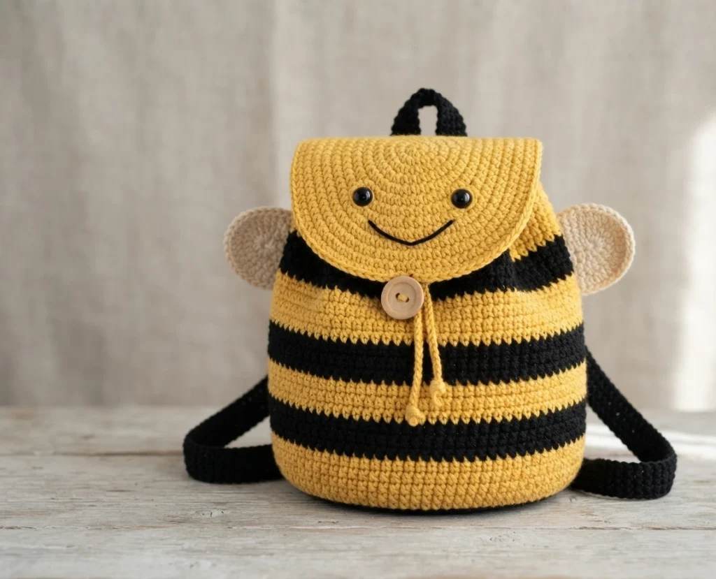 Crochet bumble bee backpack with yellow and black stripes, a smiling face on the flap, round beige wings and a wooden button