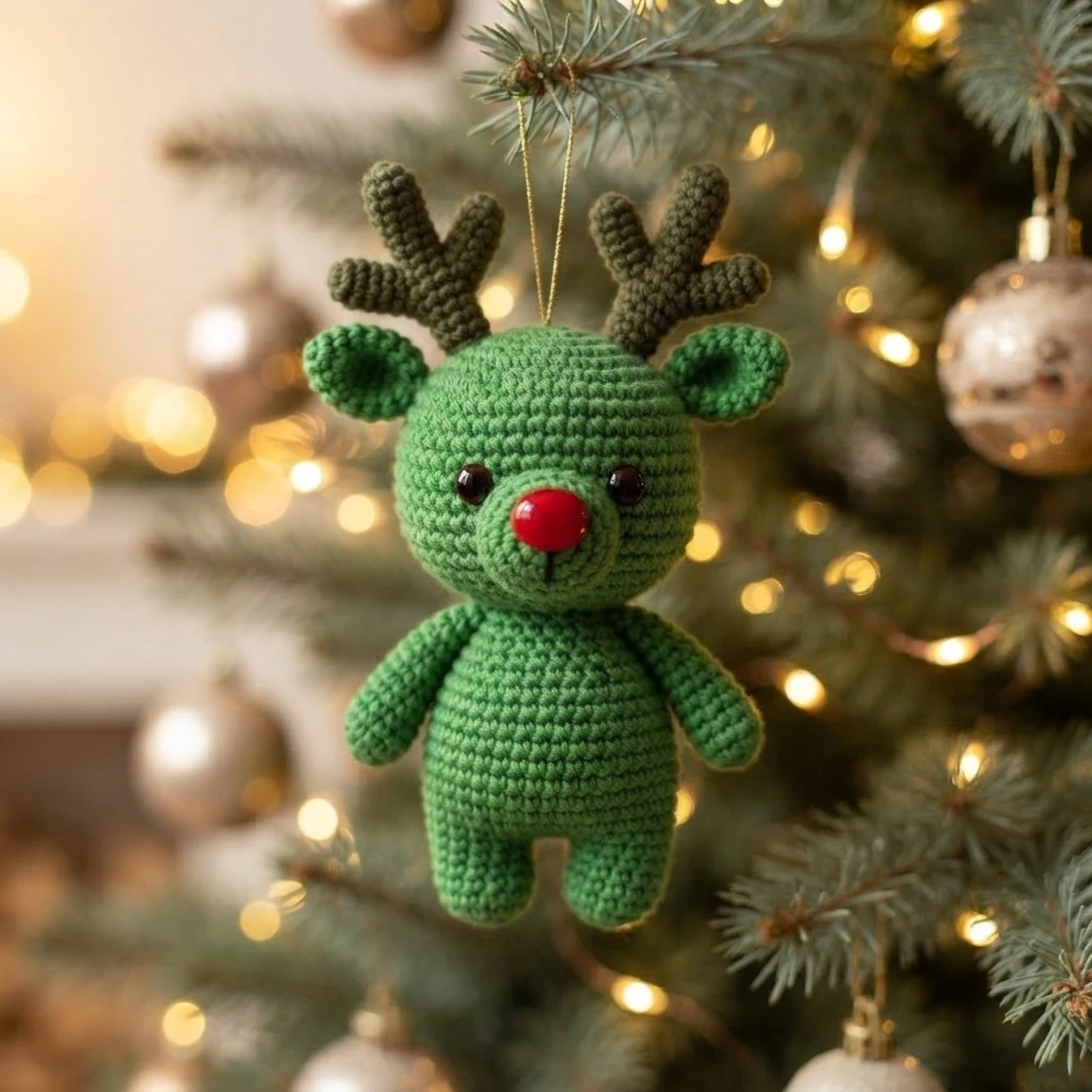 Green crochet reindeer ornament with dark green antlers, black eyes and a red nose hanging from a Christmas tree with baubles and lights