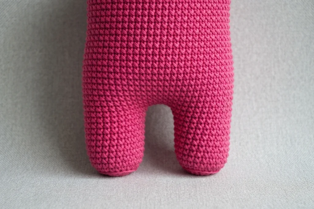 Close up of the pink crochet monster lower body with two short finished legs on a light grey background