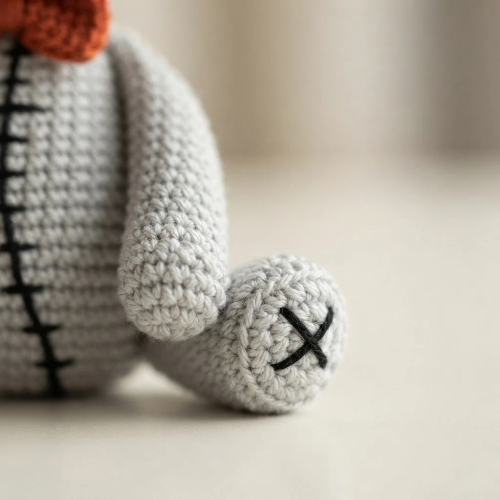 Close-up of a finished light grey crocheted plush leg and foot with a black stitched X, beside the toy's arm and stitched belly seam