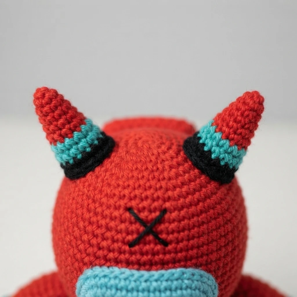 Close-up of the top of a red crocheted monster head with two red horns with turquoise and black bands and a black X stitched on its forehead