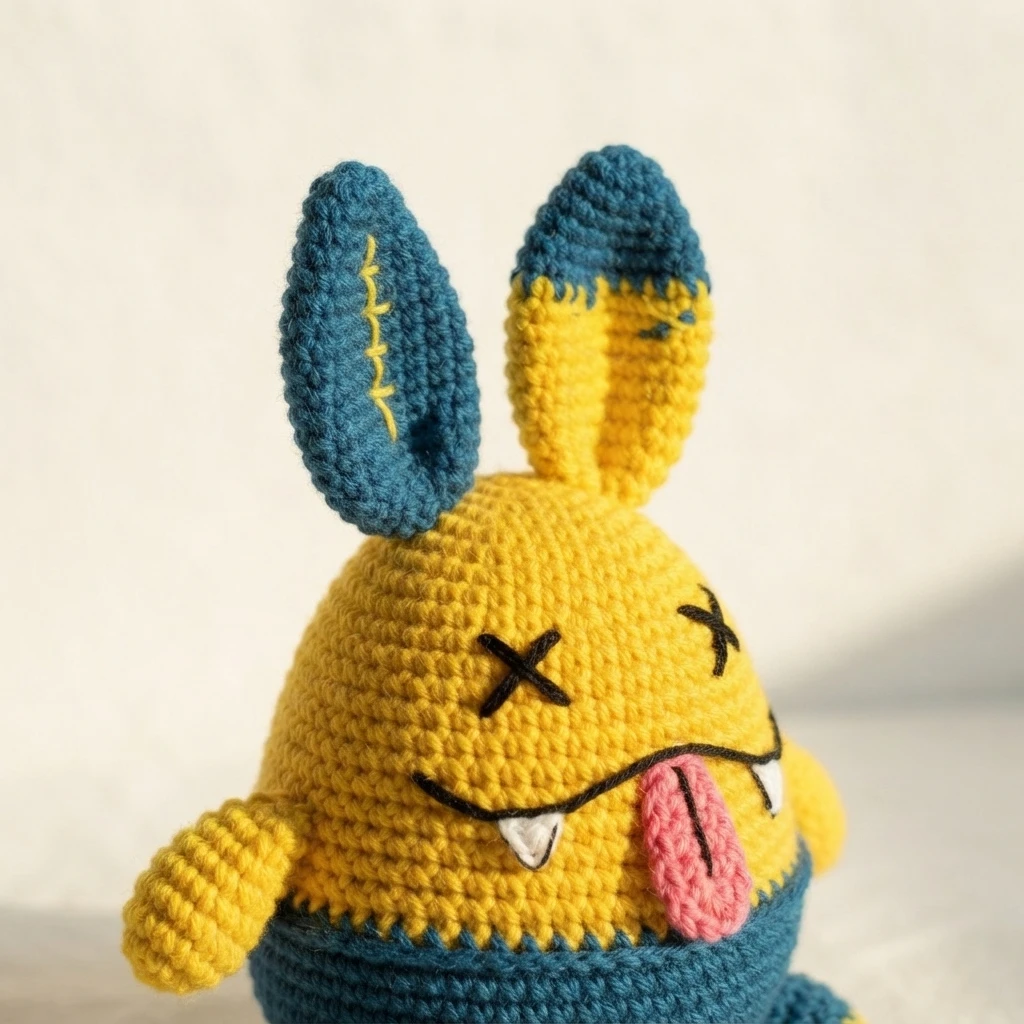 Close up of a yellow crochet monster with long blue and yellow ears, black crossed eyes, white fangs and a pink tongue over a blue lower section