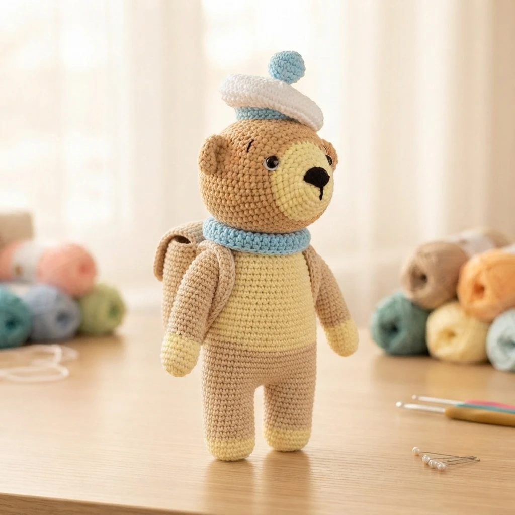 Crocheted tan sailor bear in full body, wearing a white hat with a blue pompom, a blue collar and a backpack, standing on a wooden table with yarn balls behind