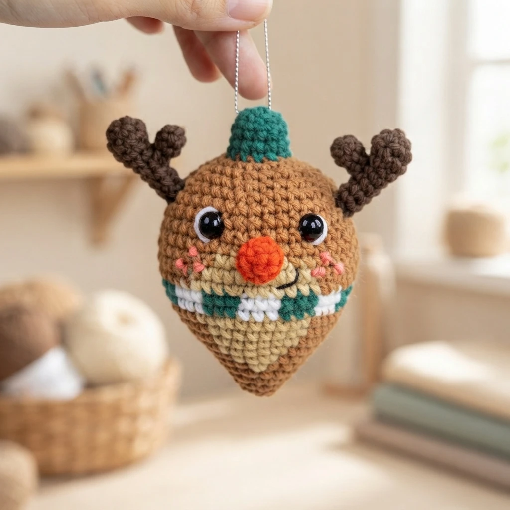 Hand holding a crocheted reindeer Christmas ornament with dark brown antlers, an orange nose and a green and white scarf
