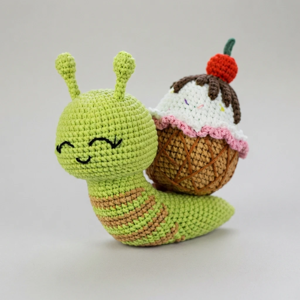 Crocheted green snail with smiling face and ice cream sundae shell topped with chocolate and a red cherry