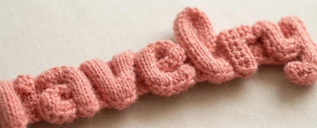 Pink crocheted cord with a twisted, spiral texture resting in loops on a pale woven fabric surface.