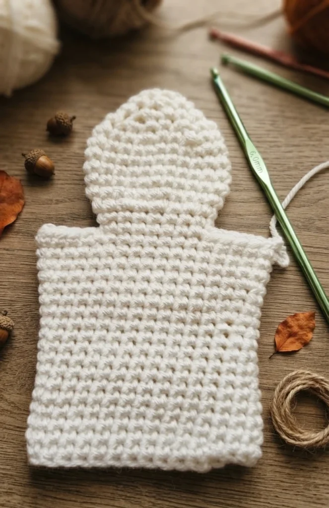 A white crocheted ghost hand puppet in progress, shaped as a rounded head on a rectangular body, lying flat on a wooden surface beside a green crochet hook, white yarn, dried leaves, acorns and a small coil of twine.