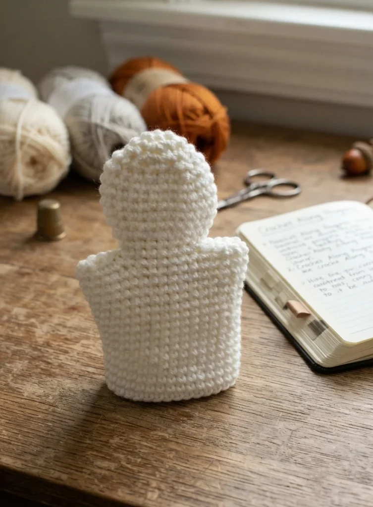 White crocheted ghost hand puppet seen from behind on a wooden table, with balls of cream, gray and orange yarn, metal scissors, a thimble and an open notebook in the background.