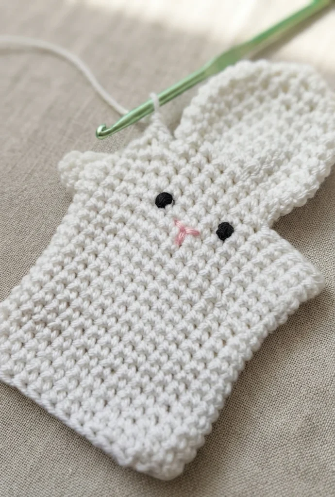 White crocheted ghost hand puppet in progress on a beige fabric surface, a green crochet hook still attached at the top, black stitched eyes and a small pink stitched mouth, with a side opening for the thumb.