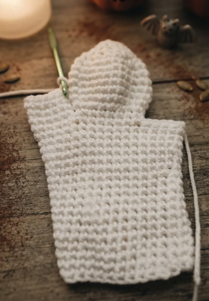 White crochet ghost hand puppet in progress on a green crochet hook, resting on a rustic wooden table with a pumpkin, a small bat figurine and seeds nearby.