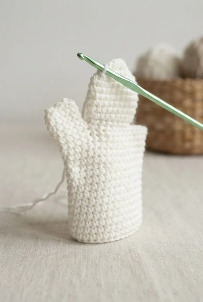 White crocheted hand puppet body in progress with a green crochet hook inserted at the top, resting on light fabric with a basket of yarn blurred in the background.