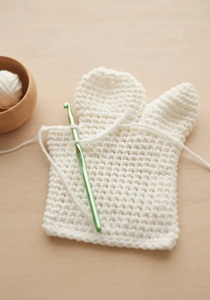 White crocheted hand puppet body worked flat on a light wood surface, with a green crochet hook and white yarn resting on it and a wooden bowl holding a ball of white yarn at the left.