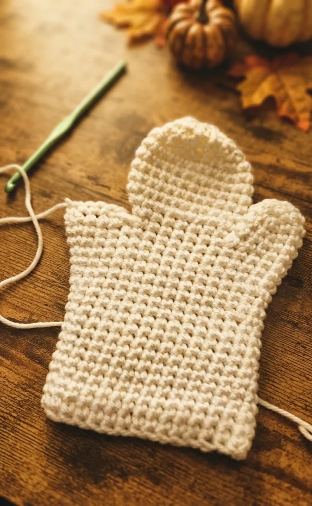 White crochet ghost hand puppet in progress on a wooden table, with a green crochet hook and a loose yarn tail, autumn leaves and small pumpkins blurred in the background.
