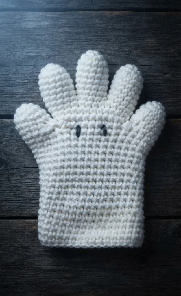 White crochet hand puppet with five rounded finger points and two small black eyes, laid flat on dark wooden boards