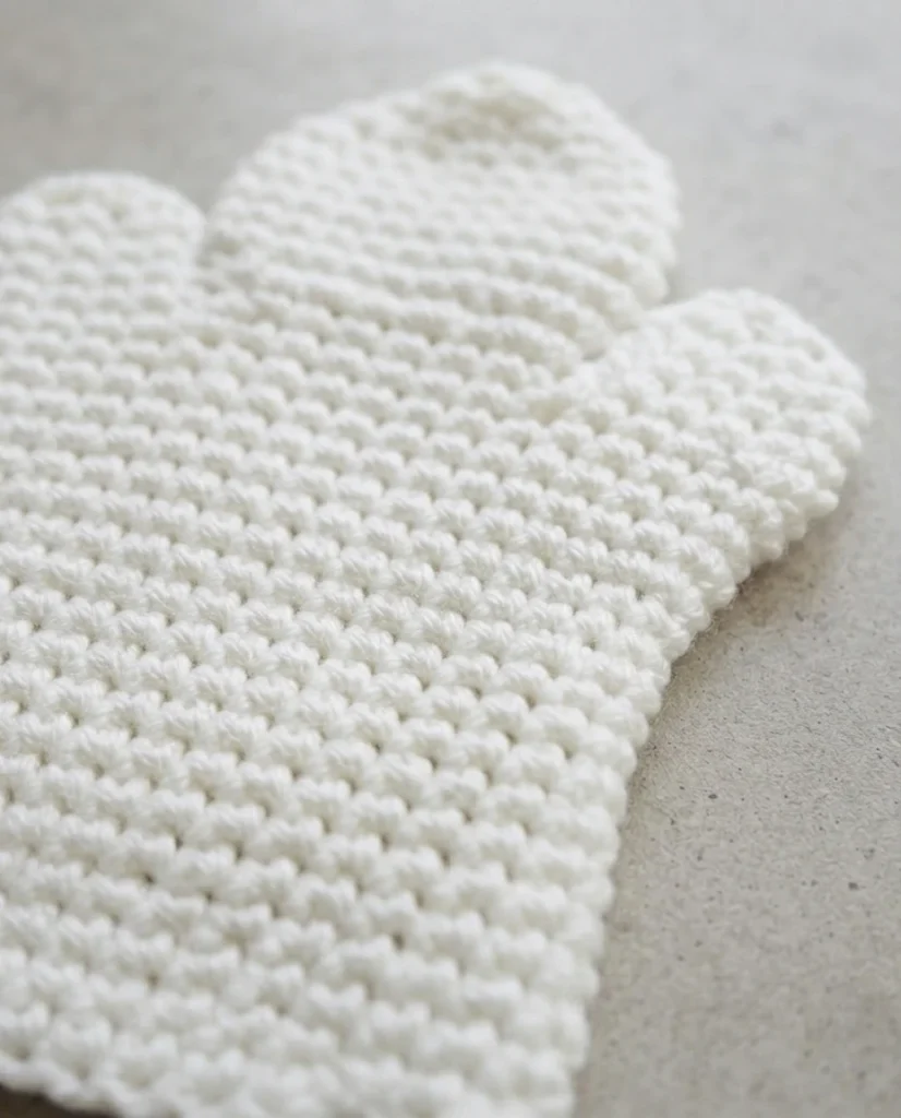 White crocheted ghost hand puppet laid flat on a light grey stone surface, shown in close-up at an angle with a rounded head and two side openings for the fingers, worked in smooth single crochet with no face details visible.