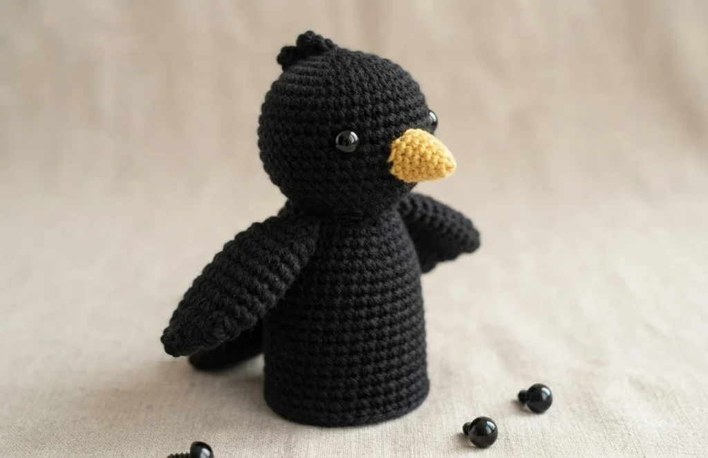 Black crocheted bird amigurumi with a small yellow beak, rounded body, stubby wings and black safety eyes, standing on beige fabric with a few loose black safety eyes lying nearby.