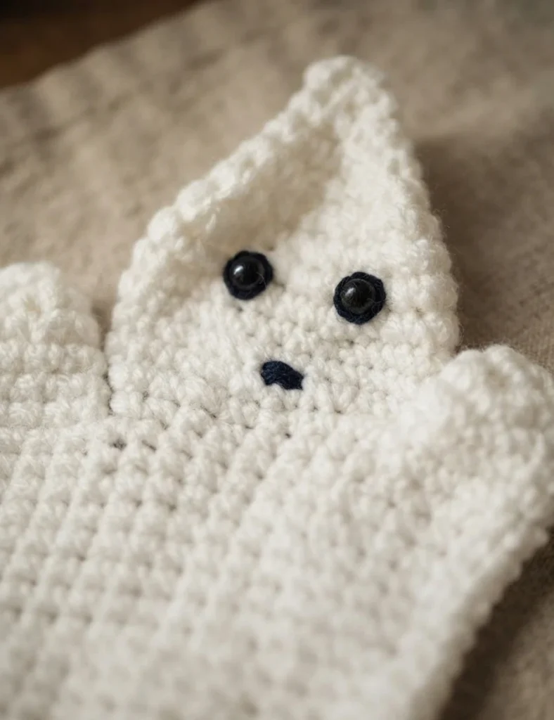 Close-up of a white crocheted ghost hand puppet with two black bead eyes and a small black stitched mouth, arms outstretched, resting on a soft neutral textured surface.