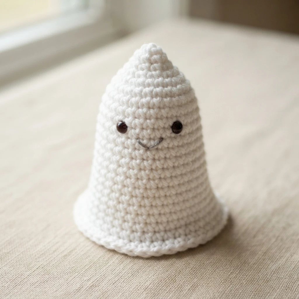 Small white crocheted ghost with dark bead eyes and a stitched smile, standing on a light beige fabric surface