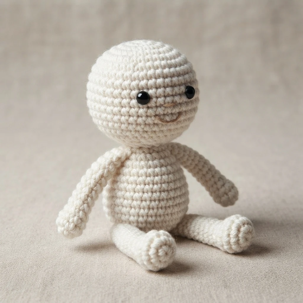 Small white crocheted amigurumi doll with a round head, two black bead eyes, a stitched smile, and two arms and two legs, sitting upright on a plain beige fabric surface.
