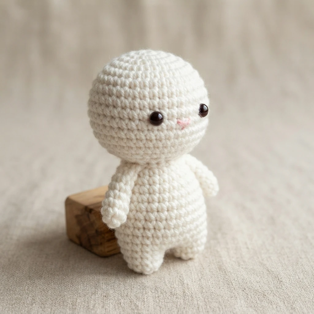 White crocheted amigurumi figure with a round head, black bead eyes and a small pink mouth, standing on beige fabric next to a small wooden block.