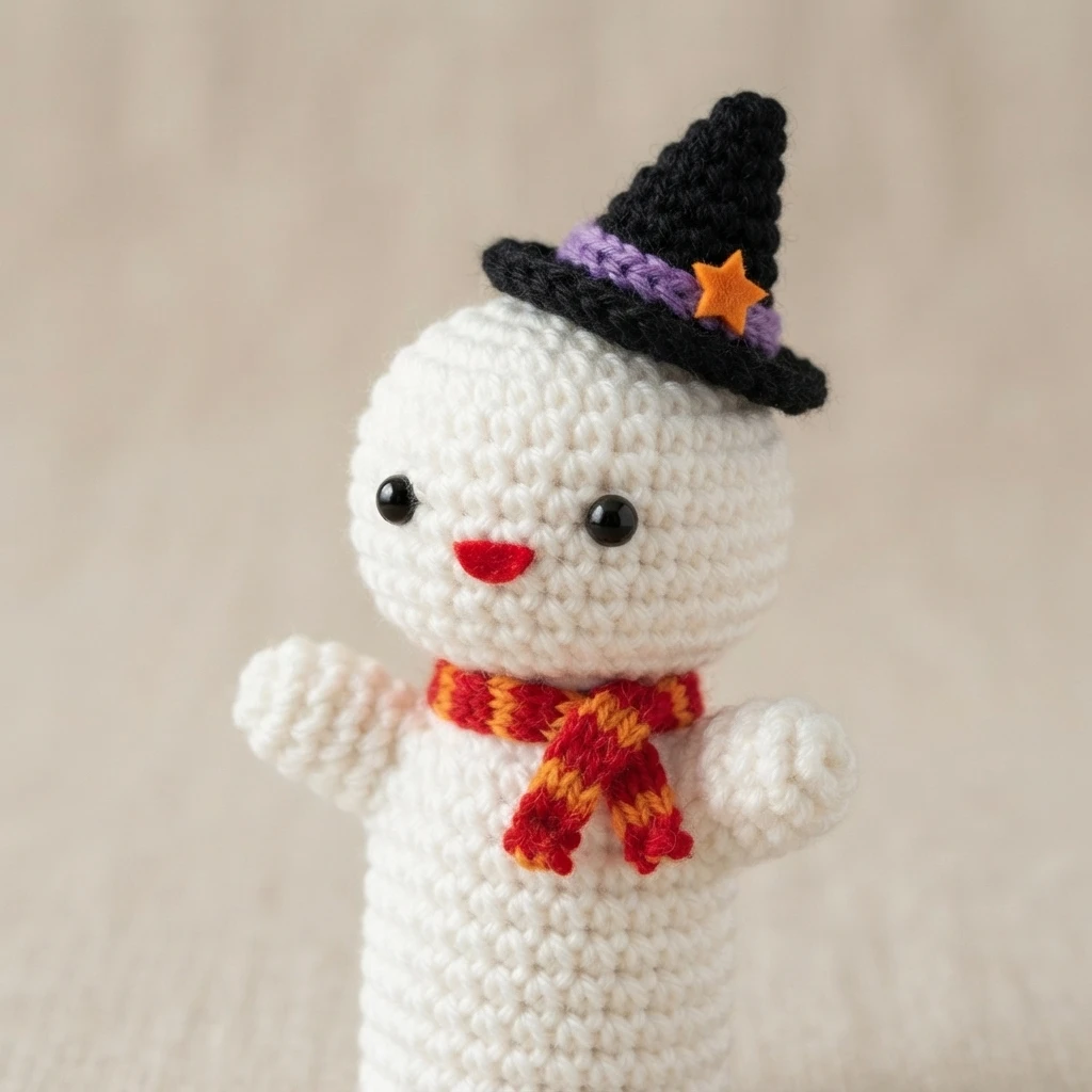 White crocheted ghost amigurumi with black bead eyes, a red stitched smile, a black witch hat with purple band and orange star, and a red and orange striped scarf, arms raised, on a blurred beige background.