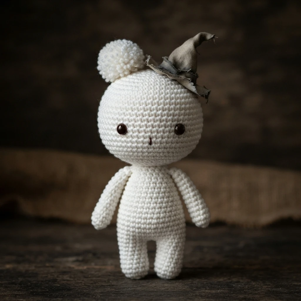 White crocheted amigurumi figure standing on dark wood, with glossy dark eyes, a small vertical mouth line, a white pom pom and a frayed fabric hat, against a blurred dark background.